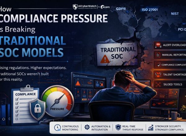 Compliance pressure breaking traditional SOC models cybersecurity analyst monitoring security dashboard.