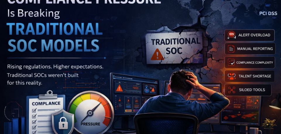 Compliance pressure breaking traditional SOC models cybersecurity analyst monitoring security dashboard.