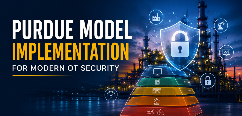 Industrial OT cybersecurity illustration showing Purdue Model implementation for modern OT security architecture and network protection.