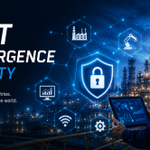 IT/OT Convergence Security for Industrial Cybersecurity Industrial cybersecurity illustration showing IT/OT convergence security, connected industrial systems, smart manufacturing, and critical infrastructure protection