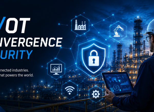 Industrial cybersecurity illustration showing IT/OT convergence security, connected industrial systems, smart manufacturing, and critical infrastructure protection