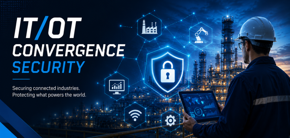 IT/OT Convergence Security for Industrial Cybersecurity Industrial cybersecurity illustration showing IT/OT convergence security, connected industrial systems, smart manufacturing, and critical infrastructure protection