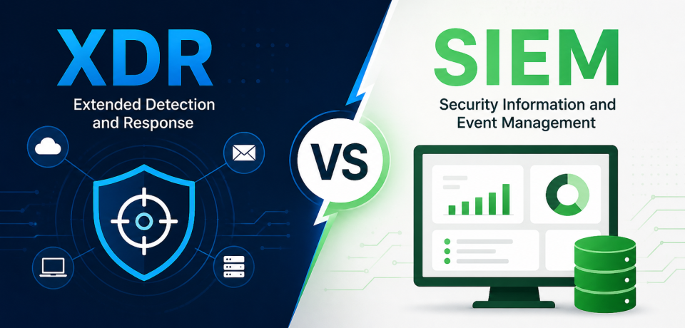 XDR vs SIEM comparison showing differences in threat detection, response, and SOC visibility with modern cybersecurity tools