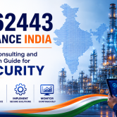 IEC 62443 Compliance India: Assessment, Consulting and Implementation Guide for OT Security IEC 62443 Compliance India cover image featuring a secure industrial facility, OT cybersecurity shield, India map, industrial engineer using a digital dashboard, and the title “IEC 62443 Compliance India: Assessment, Consulting and Implementation Guide for OT Security.” The design highlights industrial cybersecurity, compliance, risk assessment, consulting, implementation, and continuous OT security monitoring.