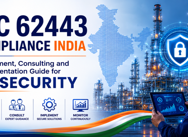 IEC 62443 Compliance India: Assessment, Consulting and Implementation Guide for OT Security IEC 62443 Compliance India cover image featuring a secure industrial facility, OT cybersecurity shield, India map, industrial engineer using a digital dashboard, and the title “IEC 62443 Compliance India: Assessment, Consulting and Implementation Guide for OT Security.” The design highlights industrial cybersecurity, compliance, risk assessment, consulting, implementation, and continuous OT security monitoring.
