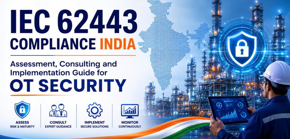 IEC 62443 Compliance India cover image featuring a secure industrial facility, OT cybersecurity shield, India map, industrial engineer using a digital dashboard, and the title “IEC 62443 Compliance India: Assessment, Consulting and Implementation Guide for OT Security.” The design highlights industrial cybersecurity, compliance, risk assessment, consulting, implementation, and continuous OT security monitoring.