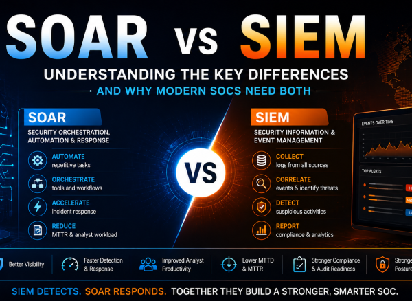SOAR vs SIEM comparison illustrating how SIEM detects cyber threats and SOAR automates incident response to strengthen modern Security Operations Centers (SOCs) and Managed SOC Services.