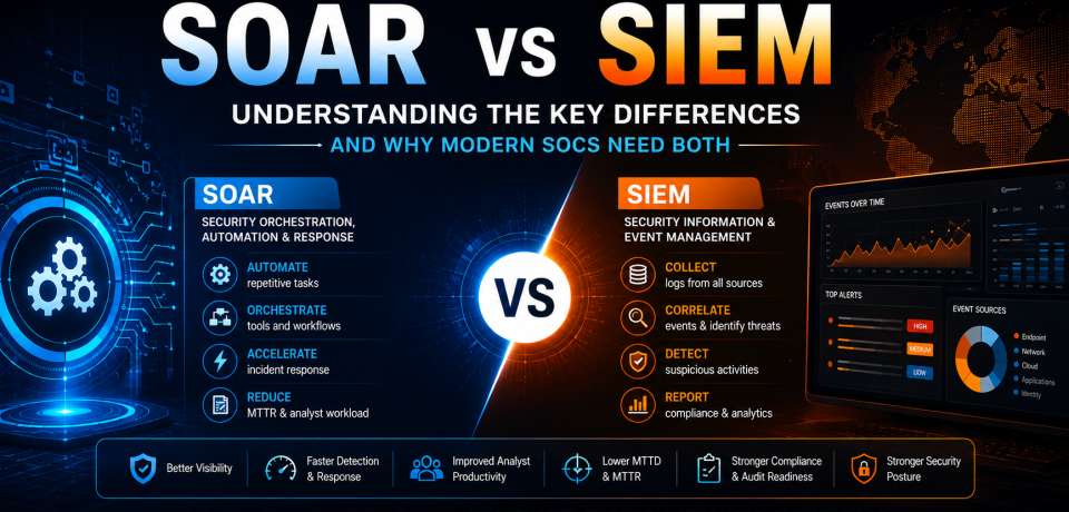 SOAR vs SIEM: Understanding the Key Differences and Why Modern SOCs Need Both SOAR vs SIEM comparison illustrating how SIEM detects cyber threats and SOAR automates incident response to strengthen modern Security Operations Centers (SOCs) and Managed SOC Services.