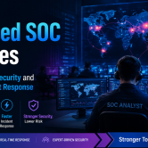 A modern Security Operations Center with analysts monitoring cyber threats and real-time security dashboards, representing managed SOC services and rapid incident response.