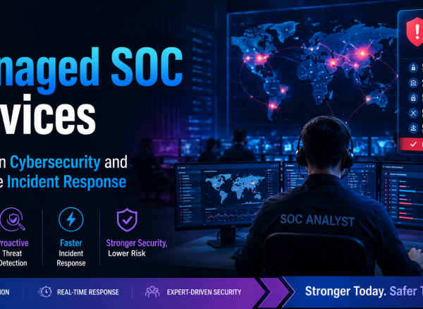 A modern Security Operations Center with analysts monitoring cyber threats and real-time security dashboards, representing managed SOC services and rapid incident response.
