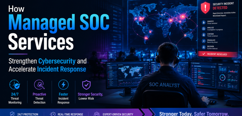A modern Security Operations Center with analysts monitoring cyber threats and real-time security dashboards, representing managed SOC services and rapid incident response.