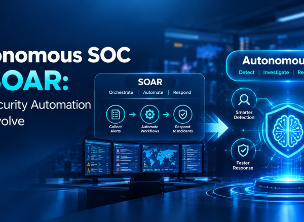 Autonomous SOC vs SOAR comparison illustrating AI-powered threat detection, automated security workflows, autonomous investigation, incident response, and continuous learning.