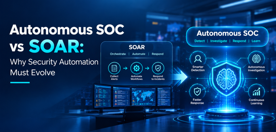 Autonomous SOC vs SOAR: Why Security Automation Must Evolve Autonomous SOC vs SOAR comparison illustrating AI-powered threat detection, automated security workflows, autonomous investigation, incident response, and continuous learning.