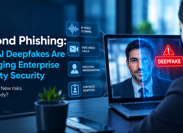 AI deepfake cybersecurity threat showing a digitally manipulated face during a video call, highlighting enterprise identity security risks.