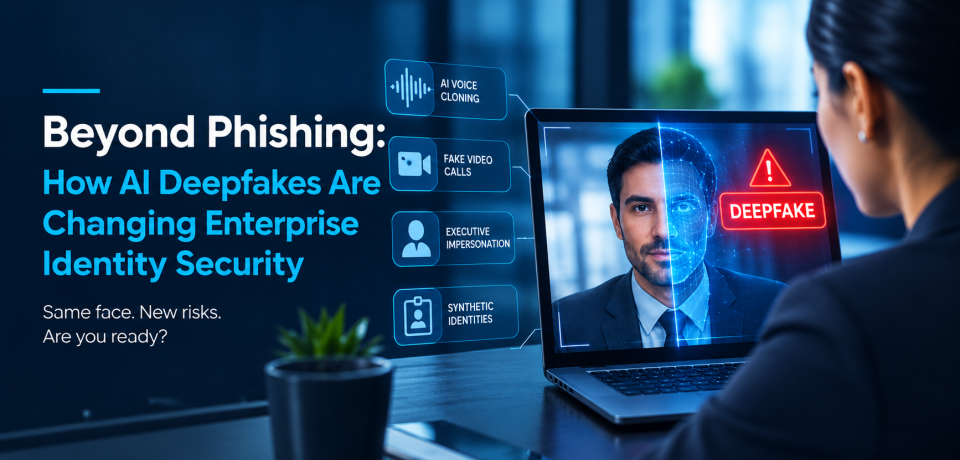 Beyond Phishing_ Deepfake Identity Security AI deepfake cybersecurity threat showing a digitally manipulated face during a video call, highlighting enterprise identity security risks.